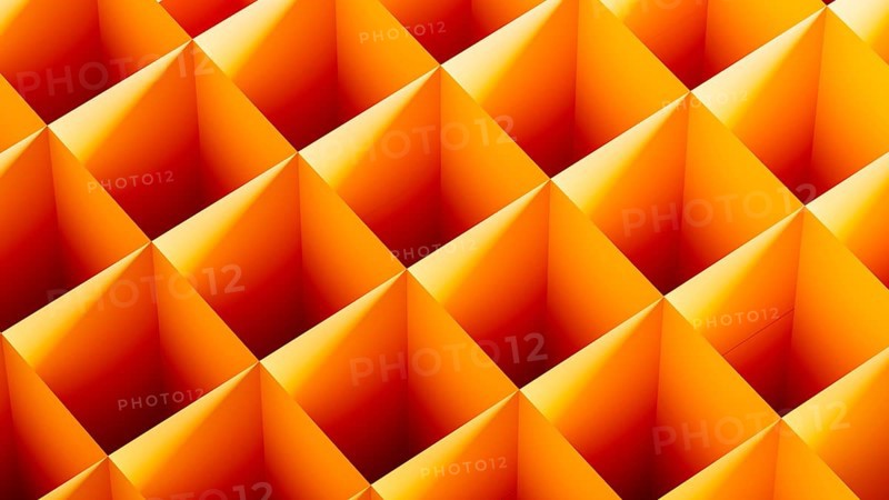 This graphic features an arrangement of 3D cubes in bright orange tones, forming an abstract composition against a seamless gradient backdrop