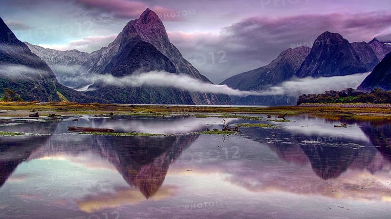 Milford Sound, fog, reflection, lake, South Island, mountains, New Zealand, Milford Sound, South Island, New Zealand
