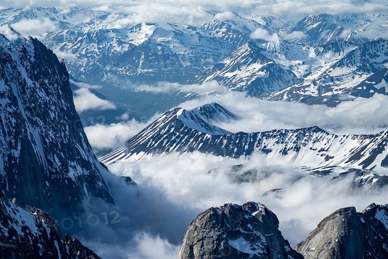 Snow and ice, epic mountains with glaciers, aerial view, Alaska Range, Denali National Park, Alaska, USA