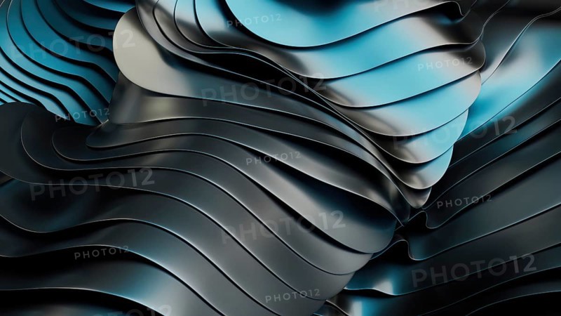 Close up of smooth, metallic wave patterns with blue light reflections, creating a futuristic and abstract design in 3D. The sleek surface adds depth and dynamic flow to the image