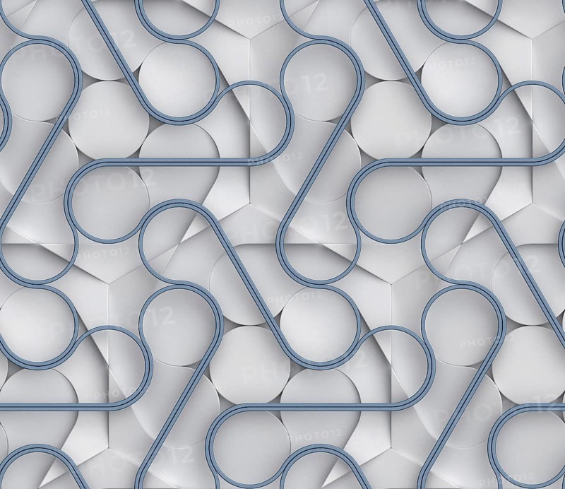 Futuristic 3D seamless pattern featuring metallic gray tones and blue ribbon-like interwoven shapes, perfect for modern textures and stylish visual designs