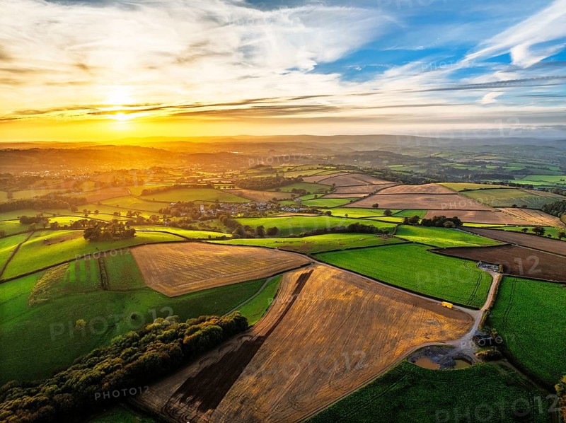 Colours of Devon Farms and Fields over Berry Pomeroy from a drone, Totnes, England, United Kingdom