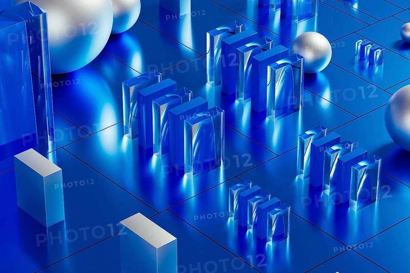 An array of geometric forms cast in blue illuminates a stunning 3D technological environment, showcasing reflective surfaces and intricate designs