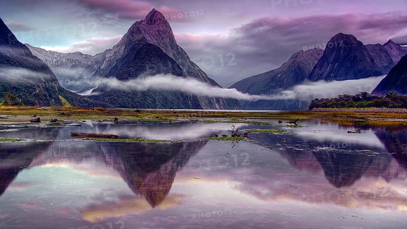 New Zealand, South Island, Milford Sound, clouds of fog, reflection in water, rain clouds, Milford Sound, South Island, New Zealand
