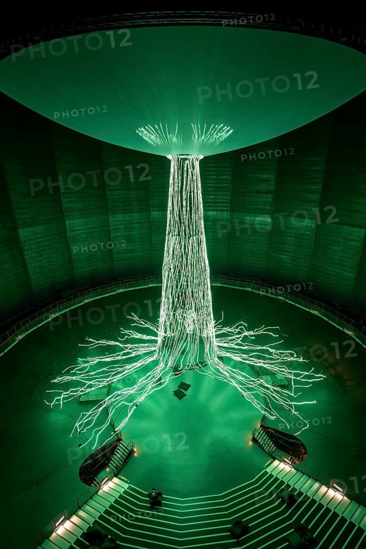 New exhibition at Gasometer Oberhausen, art sculpture The Tree, 40 meter high light installation, shows different stages of a tree with light and music, exhibition Myth Forest, on 3 levels and with several thematic chapters, the exhibition shows the diversity of the world's forests with pictures, videos and exhibits, North Rhine-Westphalia, Germany