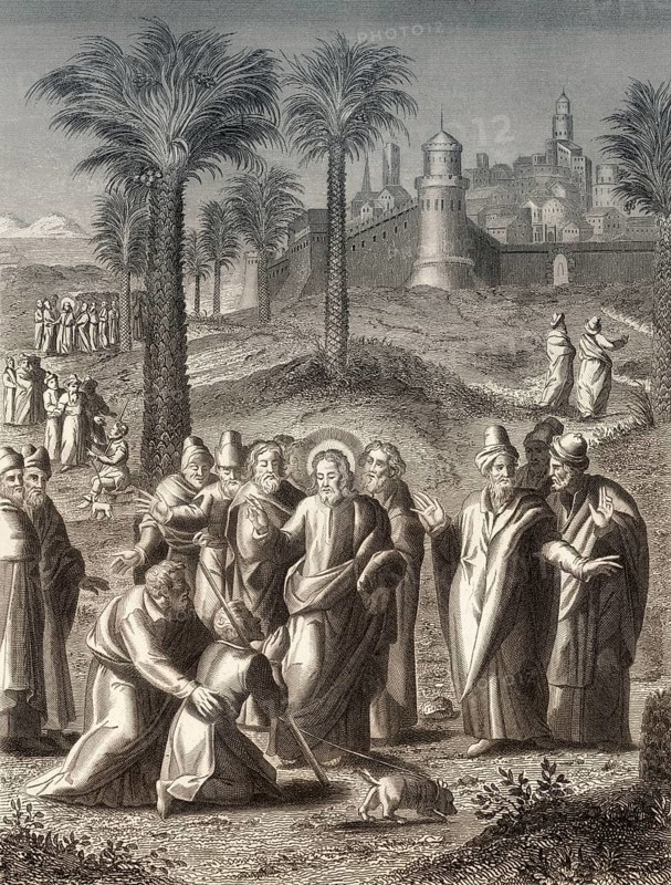Healing a blind man near Jericho, New Testament, steel engraving 1853, digitally restored