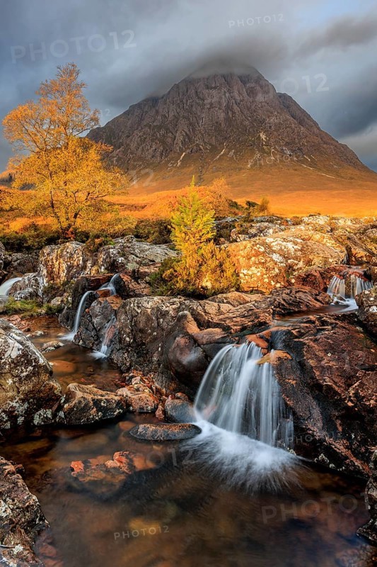 Waterfall, wild river, cloudy mood, morning light, autumn colours, autumn, mountains, Buachaille Etive Mòr, Glencoe, Scottish Highlands, Scotland, Great Britain