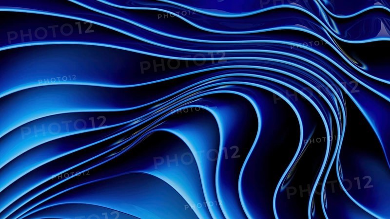 Vivid abstract blue waves create a dynamic flowing pattern, with smooth curves and gradients. The design evokes a sense of fluidity and movement against a dark backdrop