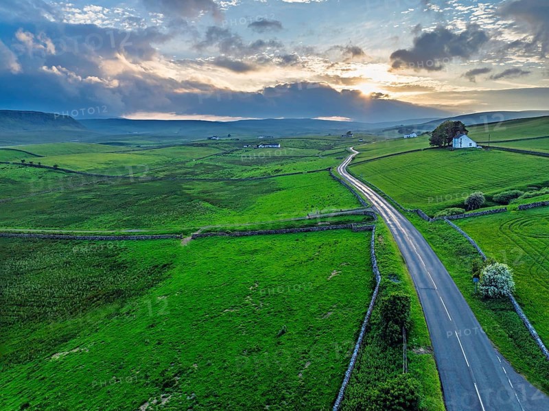 Forest in Teesdale over River Tees from a drone, North Pennines AONB, County Durham, England, United Kingdom