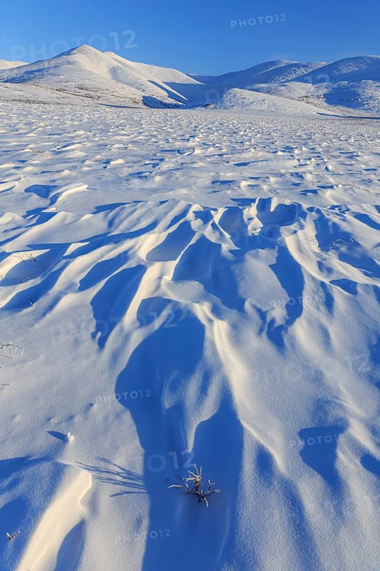 Winter mountain landscape, morning light, snow drifts, winter, snow, cold, Dempster Highway, Yukon, Canada