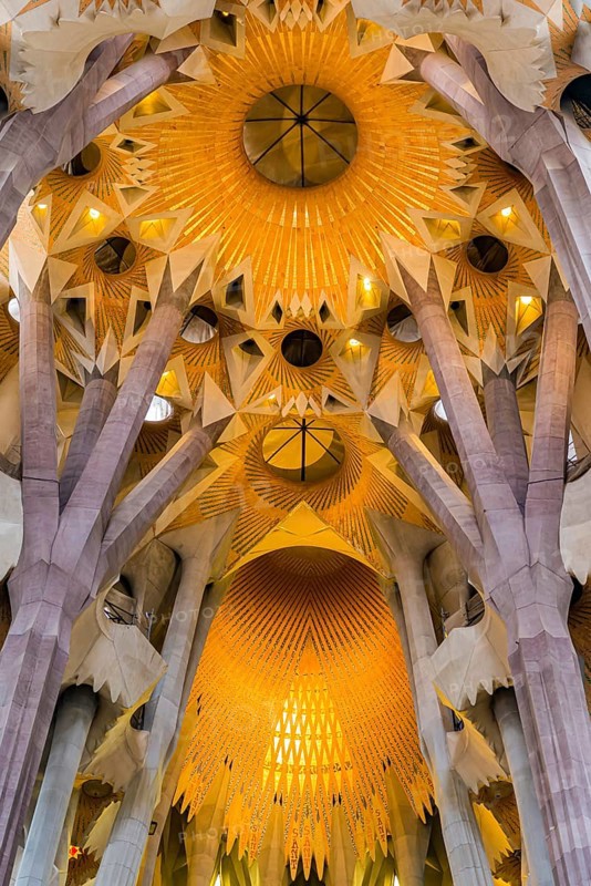 Interior view of the Familia Sagrada by the architect Antonio Gaudi in Barcelona, Spain