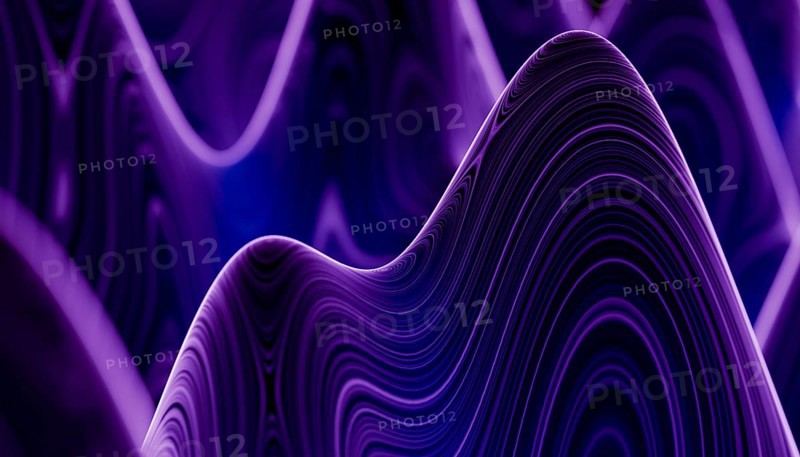 A mesmerizing 3D render depicting undulating abstract wave patterns in varying shades of purple and blue. Ideal for backgrounds or creative projects