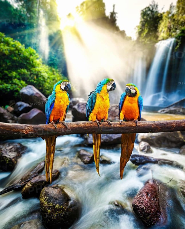 Blue-and-Yellow Macaw (Ara ararauna), also known as the Blue-and-Gold Macaw against tropical waterfall background