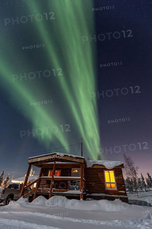 Northern Lights, Aurora borealis, wooden house, cabin, moonlight, winter, snow, Inuvik, Northwest Territories, Canada
