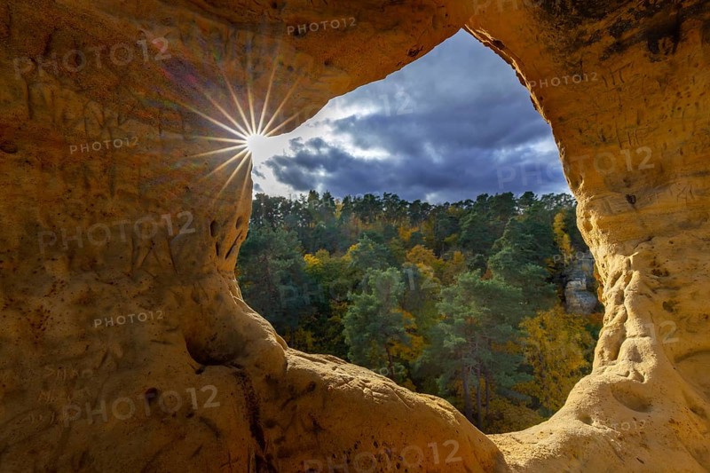 Klusfelsen, sandstone rock formation in Goslar near Halberstadt on the edge of the Harz Mountains, Saxony-Anhalt, Sachsen-Anhalt, Germany
