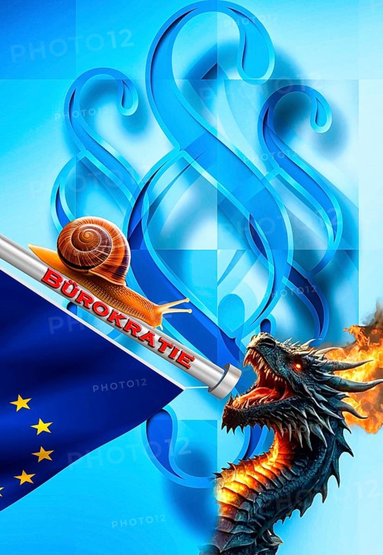 Symbolic photo, snail moving in the flood of laws, government kite eating European Union, digitization of administration, jumbled paths, outdated processes, dusty authorities, business-to-government market, old-style offices, antiquated filing, analog expression, future fields of data processing, Germany digitally relinquished, politics must deliver, bureaucracy jumble threatening the EU and Germany, EU Parliament Brussels, Flood of paragraphs, European Union, jumble of laws, digitally suspended, permanently new laws without meaning
