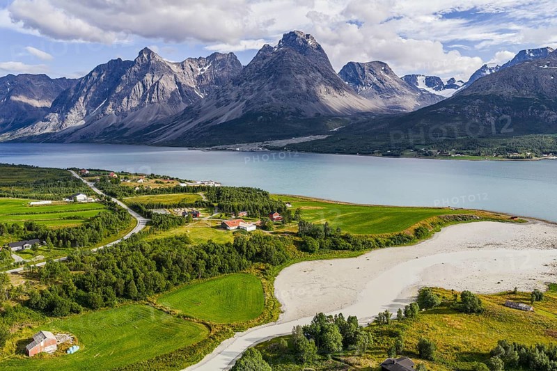 Aerial view over Lyngen Alps south of Svensby, Lyngen peninsula, Norway