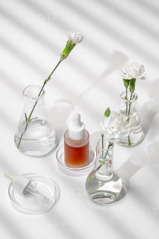 From above a serene setup of skin care products and fresh flowers in laboratory glassware, captured under soft lighting and shadows. Ideal for highlighting the purity and natural elements of beauty products