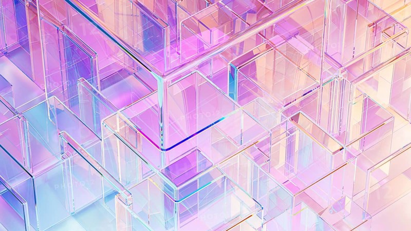 Translucent cubes in varying sizes form a sophisticated abstract background, combining colors and shapes that convey a sense of modern technology