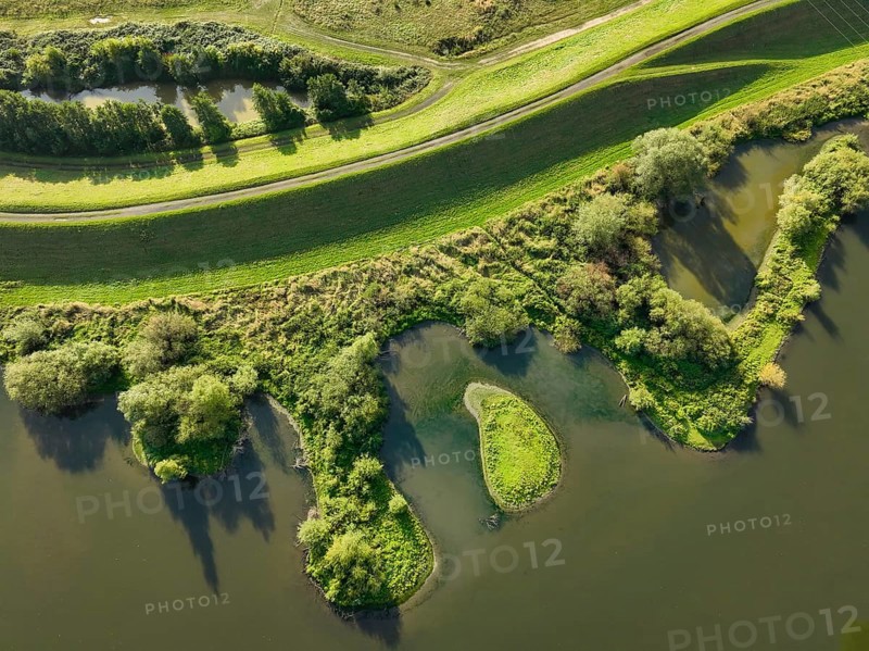 Haltern-Marl, North Rhine-Westphalia, Germany - Lippe, flood protection in the Haltern-Lippramsdorf-Marl area (HaLiMa) . Flood protection on the River Lippe by relocating the dyke and thus extending the floodplain. TopShot-Down