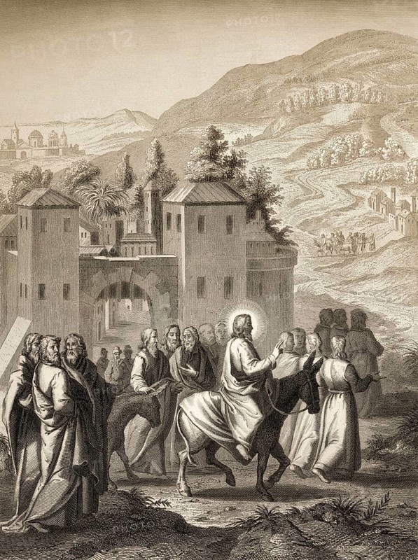 Jesus riding a donkey to Jerusalem, New Testament, steel engraving 1853, digitally restored