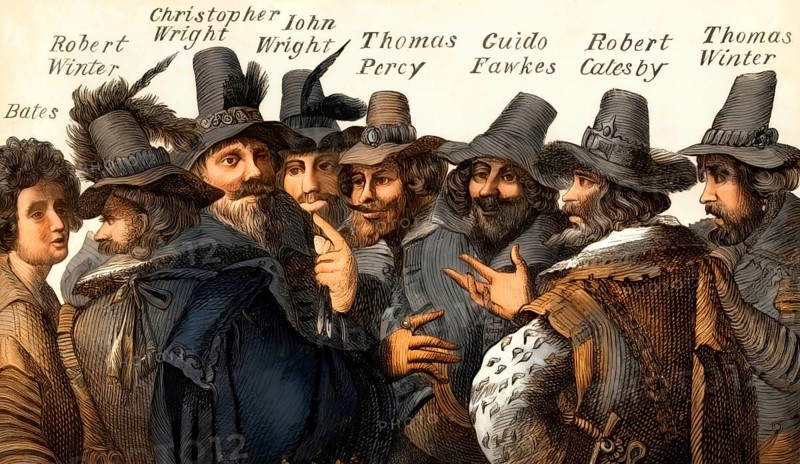 Eight of the thirteen conspirators, Guy Fawkes, Gunpowder Plot, 1605, London, England, United Kingdom