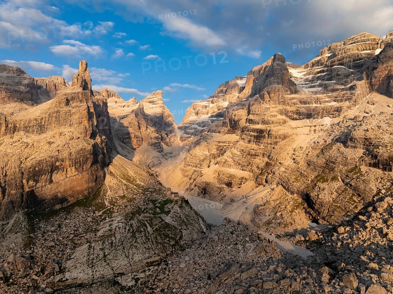 Evening at Refugio Francis Fox Tuckett, alpine panorama, aerial view, impressive mountain peaks of the Brenta Mountains, Brenta, Brenta-Adamello Natural Park, Trentino, Italy