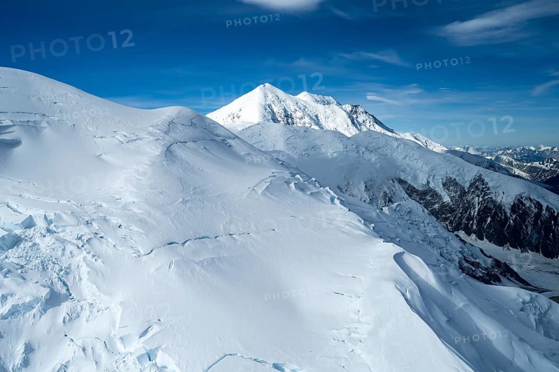 Mt Denali or Mount McKinley with glacier, aerial view, Alaska Range, Denali National Park, Alaska, USA