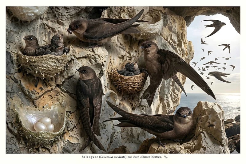 Display board Salangane, Salanganes (Collocaliini), bird, swiftlets, edible bird nests, breeding, nest building, bird feasting, breeding colony, historical illustration, digitally processed