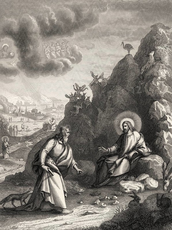 The temptation of Christ, Judaean Desert, Steel engraving 1853, digitally restored