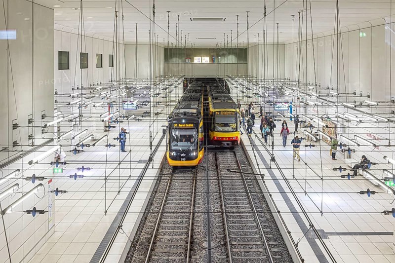 Combined solution, public transport in Karlsruhe. Realignment of trams and light rail in the city centre. The aim of the project is to make local transport more effective and to relieve the city centre of cars. Marktplatz stop (pyramid) . Karlsruhe, Baden-Württemberg, Germany