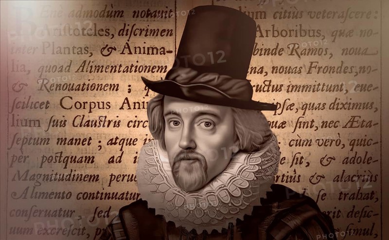Portrait of Sir Francis Bacon, 1561 - 1626, English lawyer, statesman, essayist, historian, intellectual reformer, philosopher and scientist, text from his book ‘Historia vitae et mortis‘