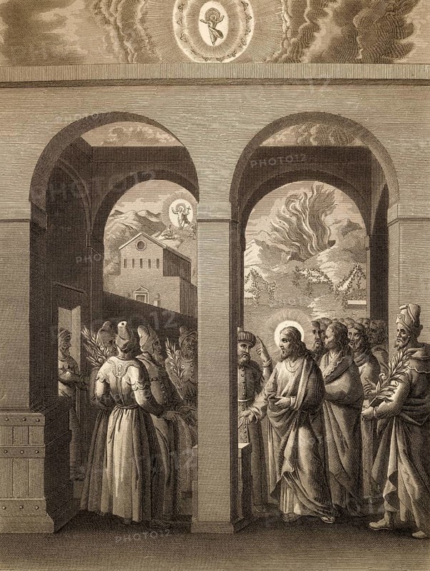 Pharisees try to trap Jesus, New Testament, steel engraving 1853, digitally restored