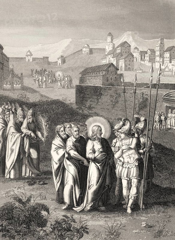 Pharisees try to trap Jesus, Is it right to pay taxes to Caesar or not, steel engraving 1853, digitally restored