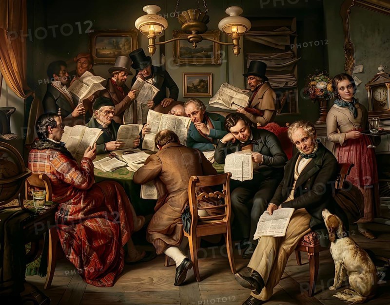 Reading rage based on a picture of Amato around 1850, historical illustration, digitally edited, reading, literature, education, magazines, books, educational hunger, library, information