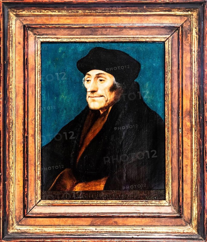 Portrait of Desiderius Erasmus, 1532 by Hans Holbein the Younger, FENIX, museum on the theme of migration, in a historic warehouse in Katendrecht, hub for emigrants overseas, Rotterdam, the Netherlands