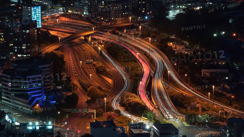 New Zealand, Auckland, parts of the city at night, illuminated roads, skyscrapers, night view, view from Skytower, roads, transport, traffic, Auckland, New Zealand