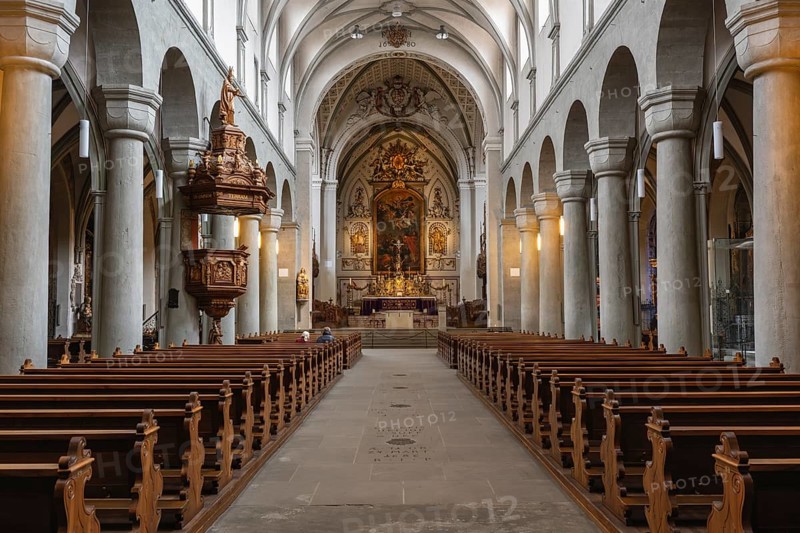 Interior view of Constance Cathedral with various architectural styles in the historic old town of Constance, Konstanz district, Baden-Württemberg, Germany