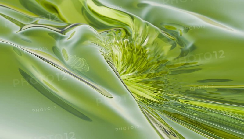 A captivating 3D render illustrating an abstract green liquid texture, featuring smooth, flowing curves. The design creates a sense of fluidity and movement