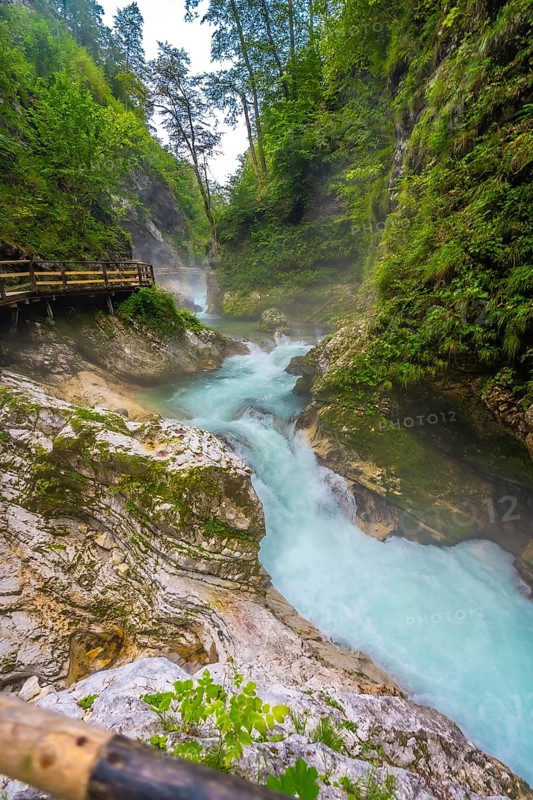 Breathtaking view of the turquoise radovna river carving its way through the stunning vintgar gorge, a natural wonder near bled, slovenia