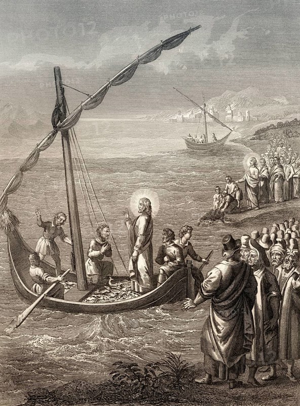 Miraculous Catch of Fish, Steel engraving 1853, digitally restored