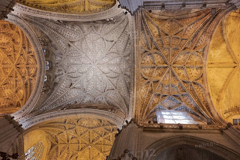 Elaborately decorated Gothic ceiling of a cathedral, Seville, Andalusia, Spain