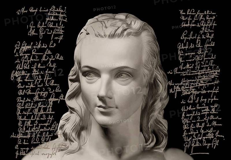 Portrait of Georg Philipp Friedrich Freiherr von Hardenberg, pseudonym and pen name Novalis, 1772 - 1801, German poet of Early German Romanticism, digitally edited after a bust at his grave, Hymns to the Night (Hymnen an die Nacht) written by Novalis