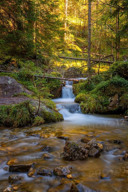 View of a small waterfall of a torrent, Dolomites, Puez-Geisler nature park Park, St. Magdalena, Funes, Funes, Villnöss Valley, South Tyrol, Italy