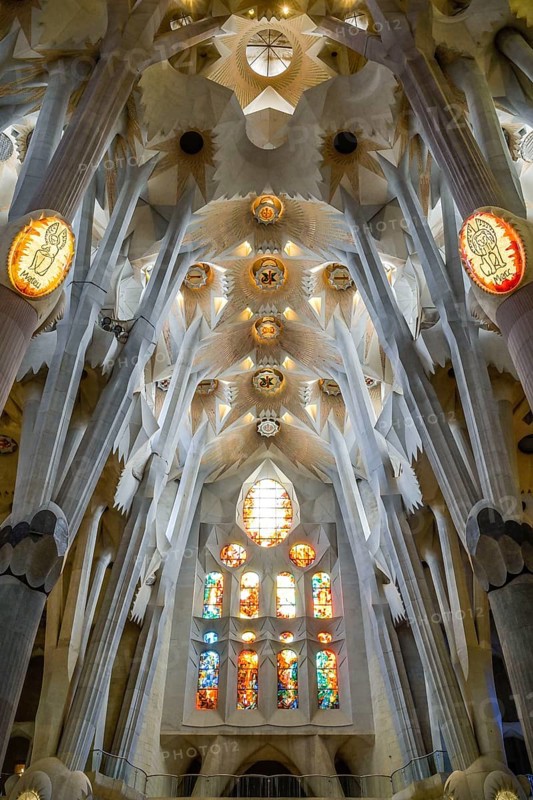 Nave, ceiling vault, columns, Sagrada Familia, Basilica by Antoni Gaudi, Barcelona, Catalonia, Spain