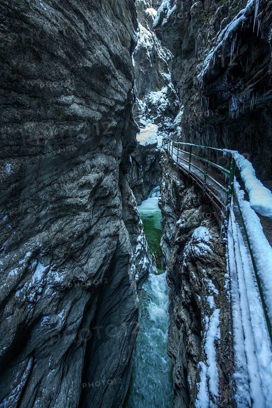 Winter, snowy landscape, river Breitach and hiking trail through the Breitachklamm gorge near Oberstdorf, Oberallgäu, Allgäu, Bavaria, Germany