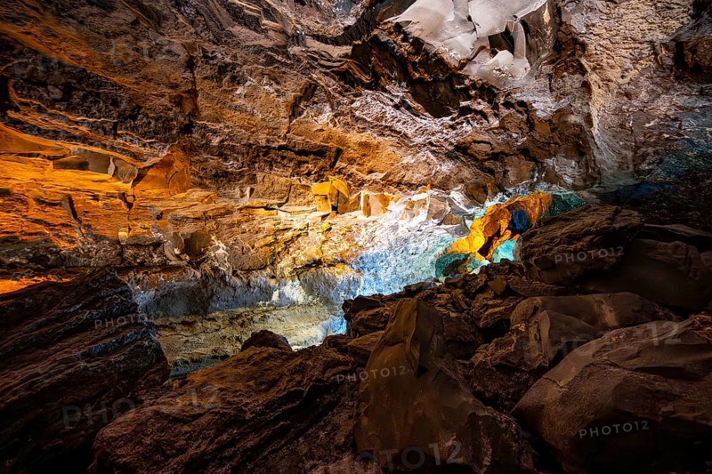 Underground cave formed by lava flow, illuminated lava cave, Cueva de los Verdes, Lanzarote, Canary Islands, Spain