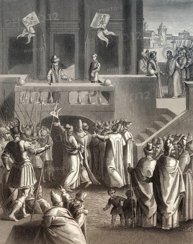 The Sanhedrin trial of Jesus, New Testament, steel engraving 1853, digitally restored