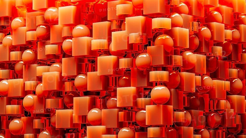 An engaging array of 3D geometric shapes in fiery orange tones combines spheres and cubes, creating a dynamic and visually stimulating design