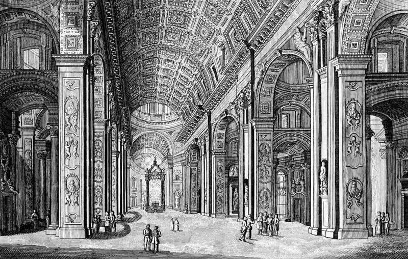 The interior of St. Peter's Church in the Vatican, Pope, Catholic religion, columns, portraits, ornaments, people, arch, building, architecture, history, steel engraving, historical illustration 1835